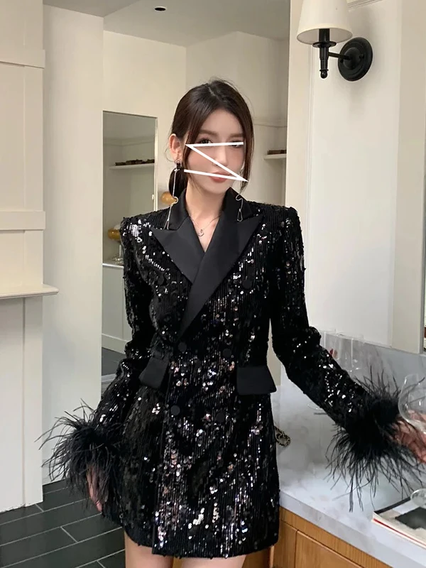 

Ele iny Sequin Feather Sve Slimming Waist Suit Jaet Women's Busin Casual Polyester Fiber Daily Wear