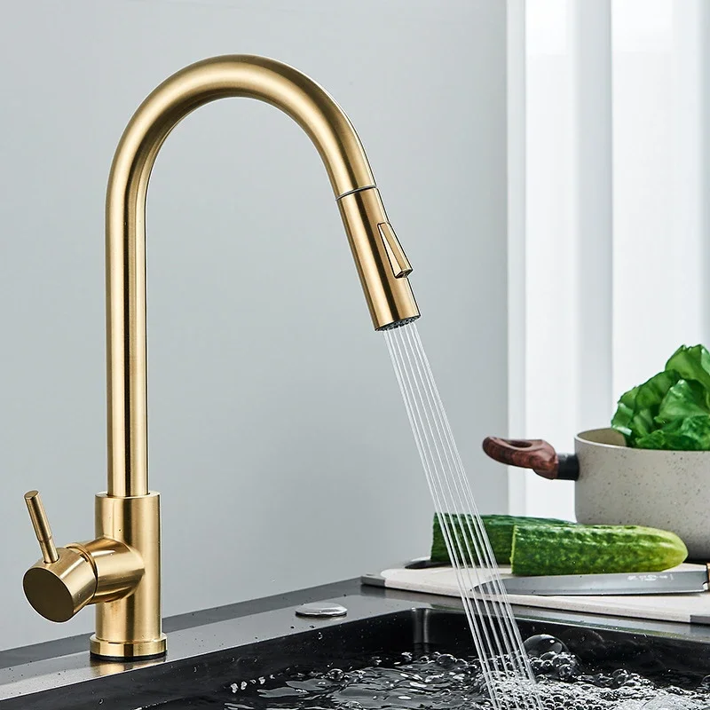 Brushed Smart Touch Kitchen Faucet Sensor 360° Rotation Pull-Out Tap Single Handle Mixer Two Water Modes