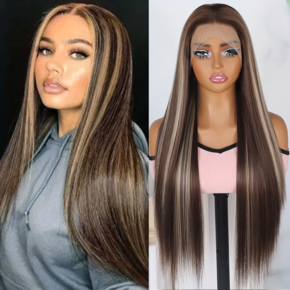 

Синтетические парики с кружевной передней частью 13x4, с отдельной линией роста волос, медово-русый омбре, предварительно выщипанная естественная линия роста волос, длинные прямые волосы, без клея