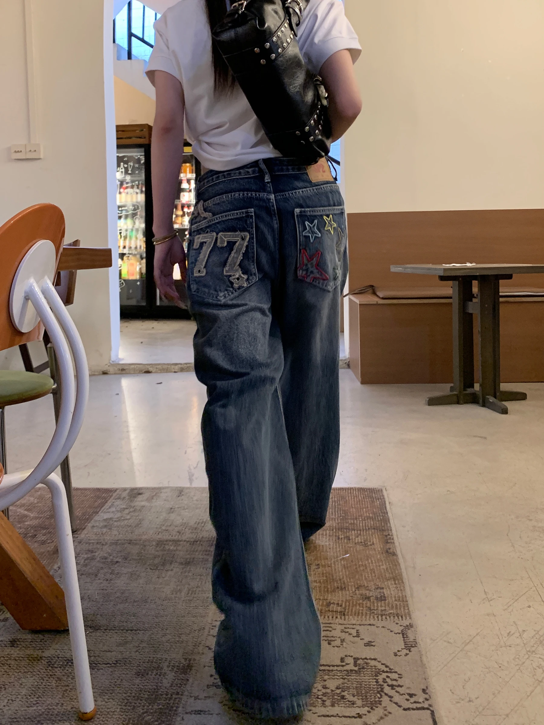

Muziyang American High Street Straight Loose Wide Leg Jeans Men's Design Sense Patchwork Jeans Couple Trendy Brand