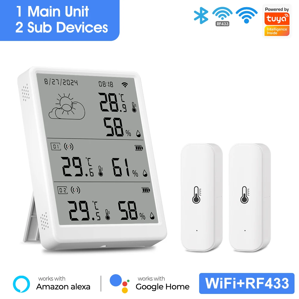 محطة الطقس RF433 ميزان حرارة الغرفة الداخلي اللاسلكي الرقمي واي فاي درجة الحرارة الرطوبة أجهزة استشعار خارجية متعددة الحياة الذكية