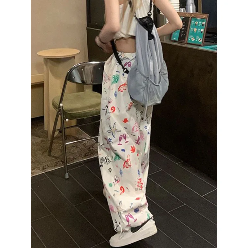 American Retro Summer 2024 Women New High Waiste Fashion High Street Hip-Hop Fun Graffiti Print Cargo Pants Loose Casual Pants