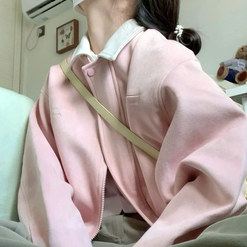Women Clothing Autumn Winter Fashion Korean Zipper Solid Color Baseball Jersey Female All-match Pocket Loose Appear Thin Cardiga