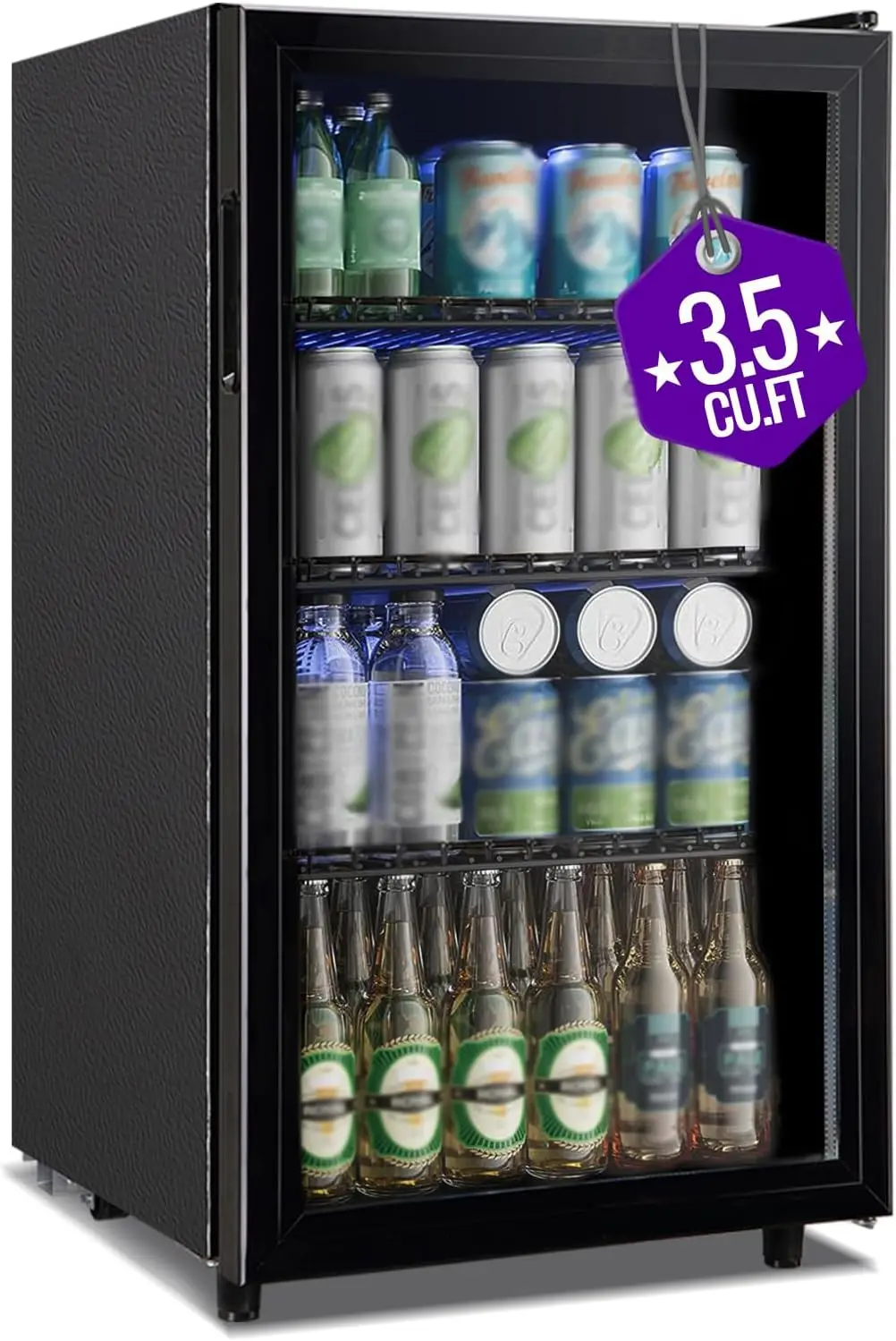

3.5 Cu.ft Beverage Refrigerator Cooler, Mini Fridge with Glass Door for Beer Soda or Water, Small Drink Cooler Machine Clear Fro