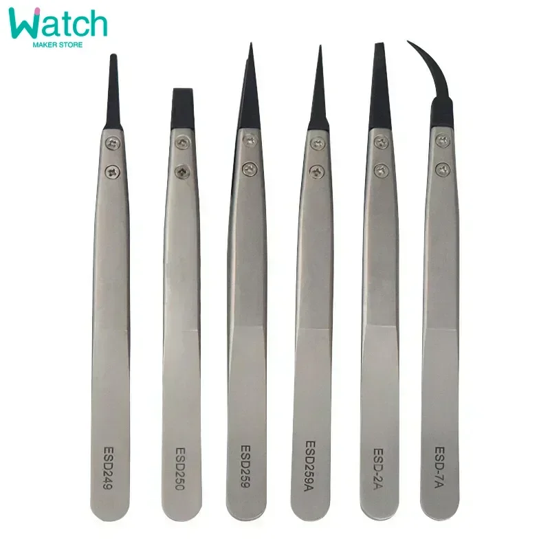 1/2 // 5 قطعة ساعة الأيدي تركيب العمل الملقط مستقيم الكوع مقبض الفولاذ الاستاتيكيه ملاقط بلاستيكية ESD-259A ESD-7A