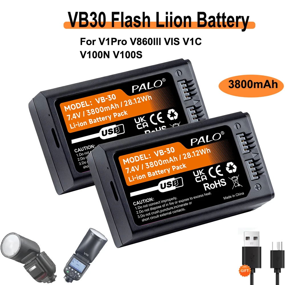 For GODOX VB30 3800mAh Speedlight Flash Lithium Battery for Godox V1PRO V1 PRO Camera Speedligh Flash with Type-C data cable
