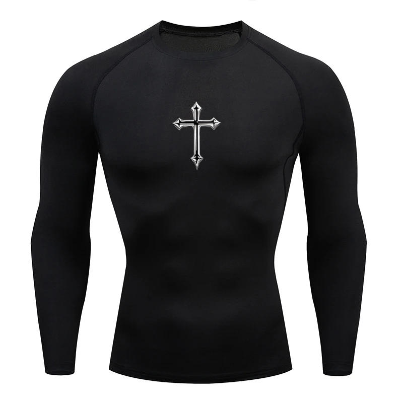 Camiseta masculina de compressão com estampa cruzada, camiseta esportiva cristã, camiseta, camiseta de ginástica, treinamento, corrida, protetor de erupção