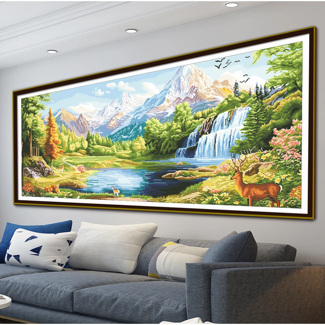 

New Style Treasure Bowl Flowing Water Brings Wealth Landscape Cross-Stitch Kit, DIY Handmade Embroidery Material Package, Forest, Gold Mountain, Snow Mountain, and Elk Motifs, Large Decorative Hanging Painting for Living Room