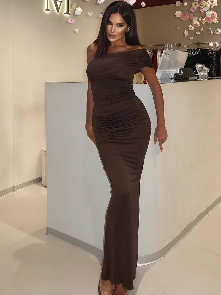 Leosoxs Slash Neck Dress Women Y2K Elegant Summer Classic Ruched Behind Split One Shoulder Simple Birthday Party Maxi Bodycon