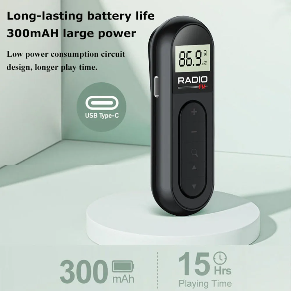 Mini Pocket FM Radio Portable 76-108MHZ Radio Receiver with Backlight LCD Display Wired 3.5mm Headphones Support Type-c Charging