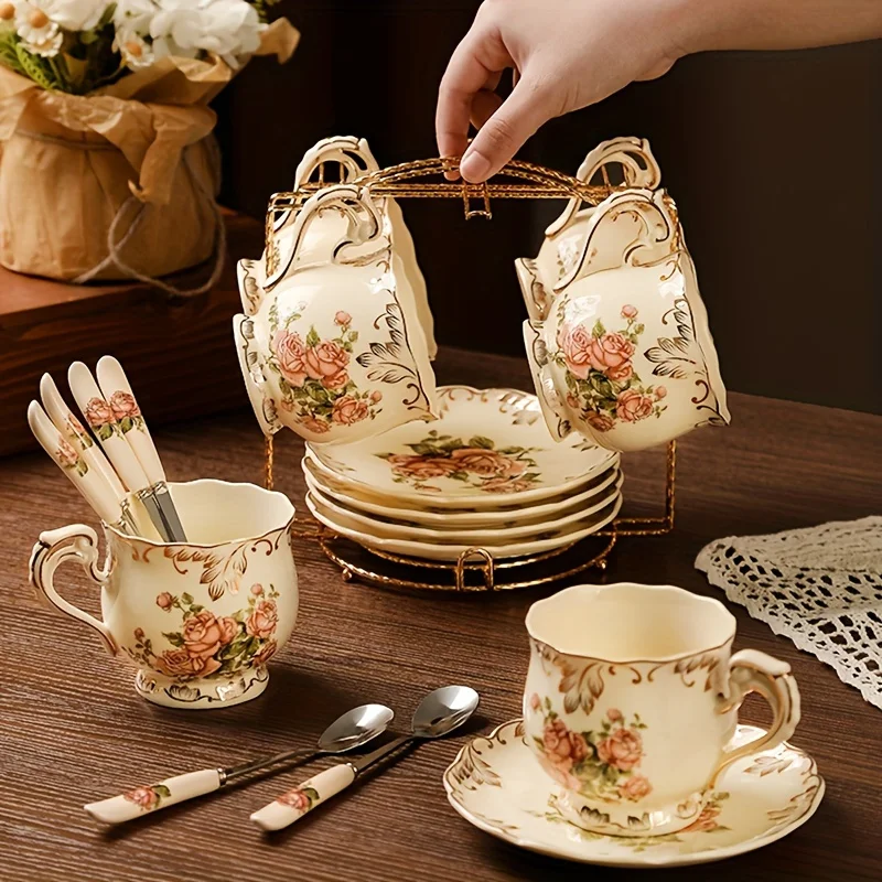 Flowering Shrubs Tea Cups and Saucers Set, Tea Set, Ivory Ceramic Floral Tea Cups Set with Golden Rack, Coffee Cups Set