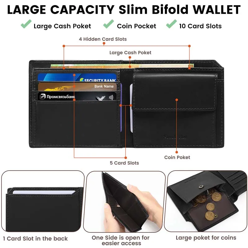 Pomelo Best Genuine Leather Thin Bifold Wallet Credit Card Holder for Men with Coin Pocket Minimalist Wallet suitable for travel