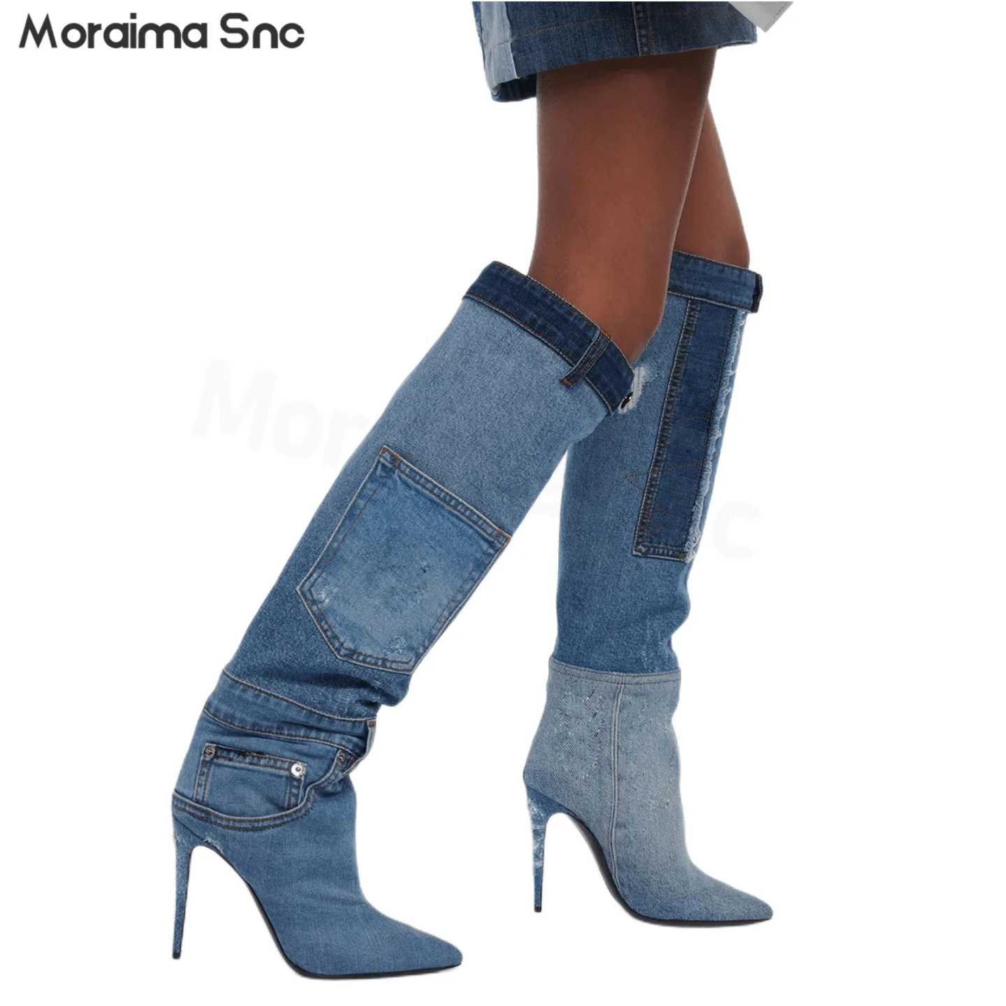 

Retro Blue Denim Stitching Boots Washed Pocket Design Pointed Toe Stiletto Sexy Motorcycle Knee High Boots Fashion Women's Boots