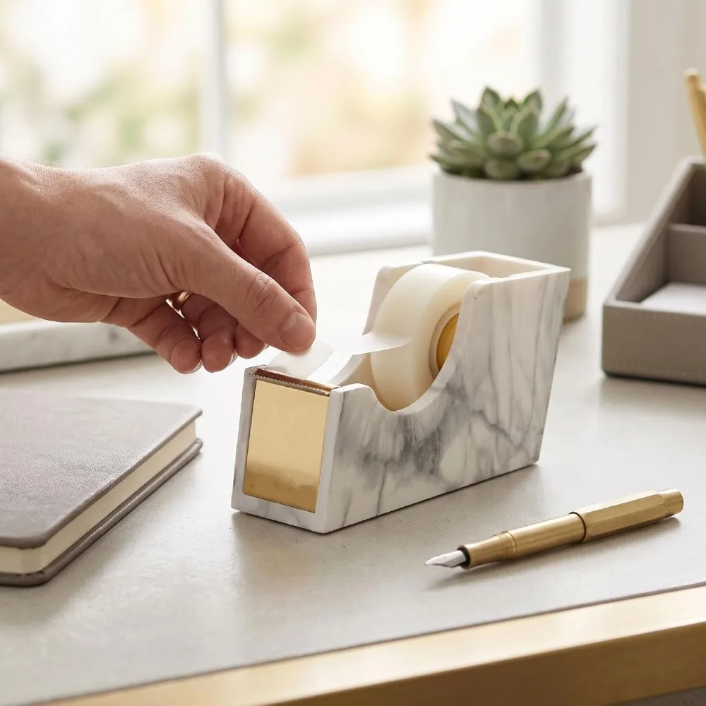 Gold Desk Tape Dispenser Acrylic Heavy Duty Base Desktop Tape Dispenser Metal Core Non-Skid Base Adhesive Tape Dispenser