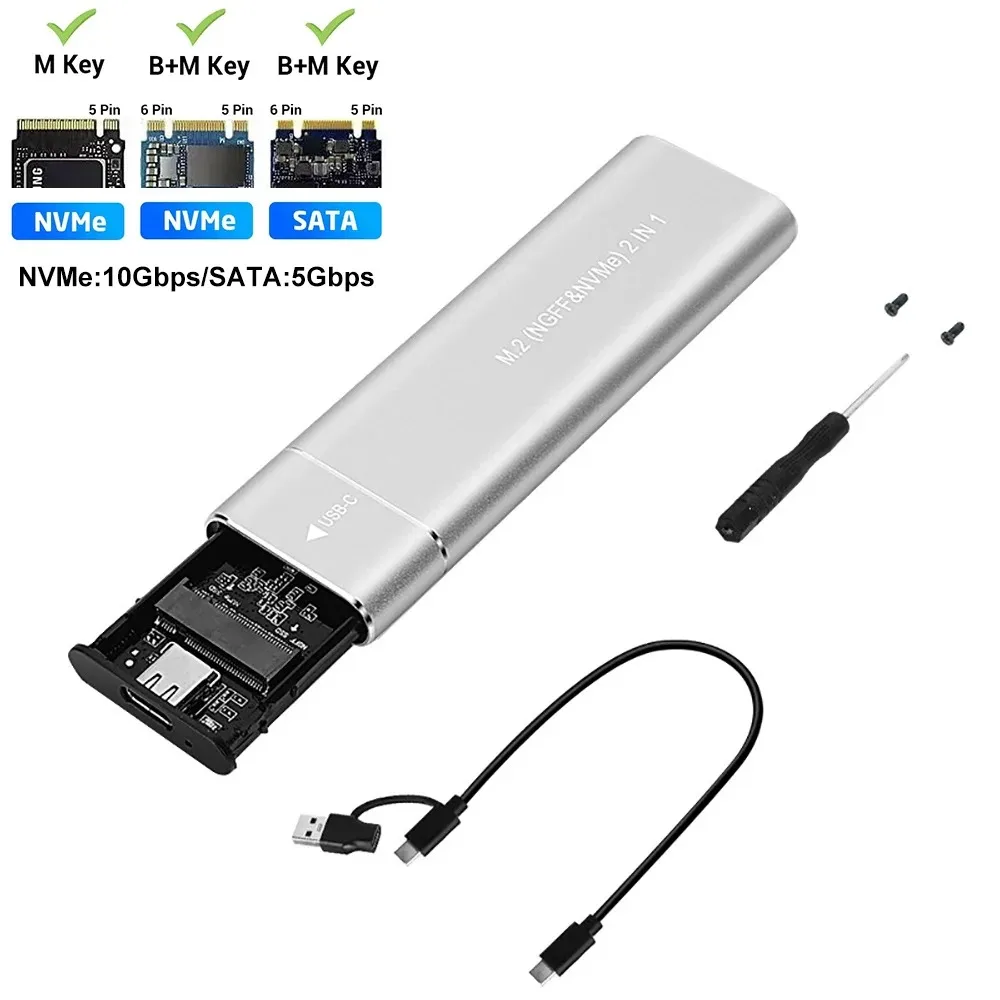 kebidu Dual Protocol M2 SSD-Gehäuse M.2 NVMe SATA SSD-Gehäuseadapter 10 Gbit/s USB 3.1 Typ C externes Gehäuse unterstützt M- und B&M-Tasten 7