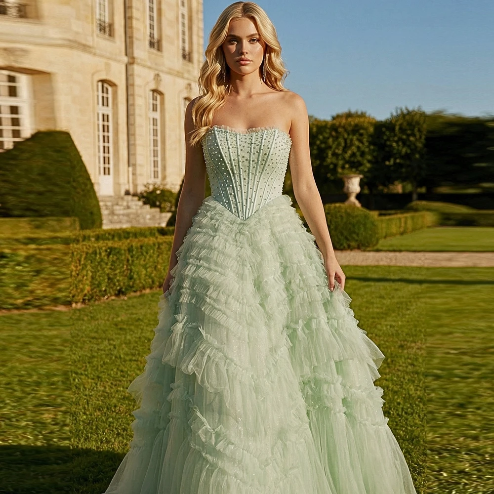 New Trending Mint Green Strapless Prom Ball Gown Women Tiered Ruffle Beading Mesh Evening Gown Party Formal Bridal Dresses