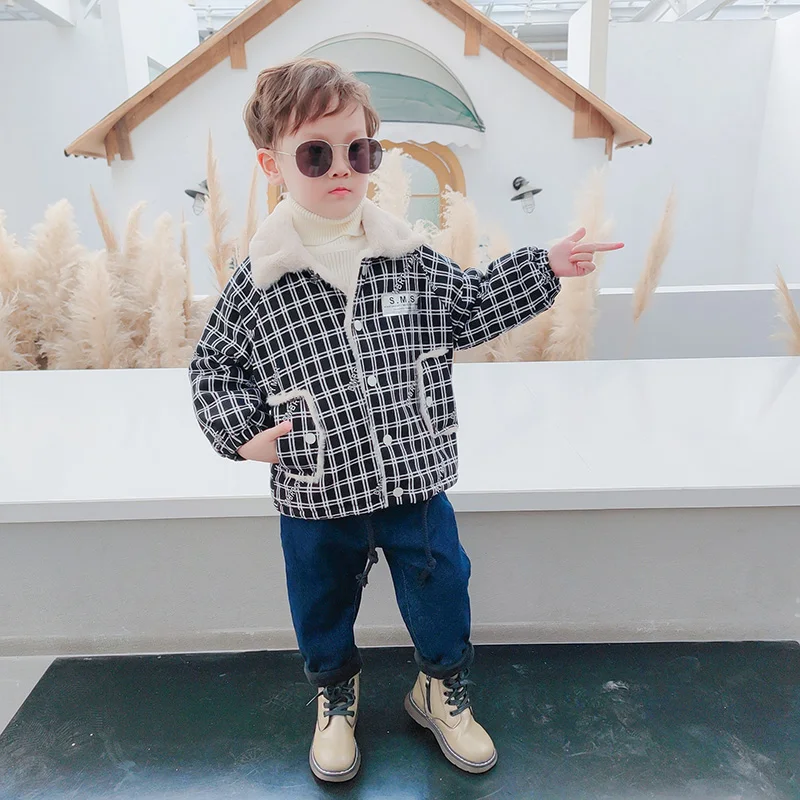 

Утепленная флисовая куртка в клетку для мальчиков, осенне-весеннее пальто в корейском стиле, зимняя молодежная модная куртка с воротником-стойкой, водоотталкивающая верхняя одежда
