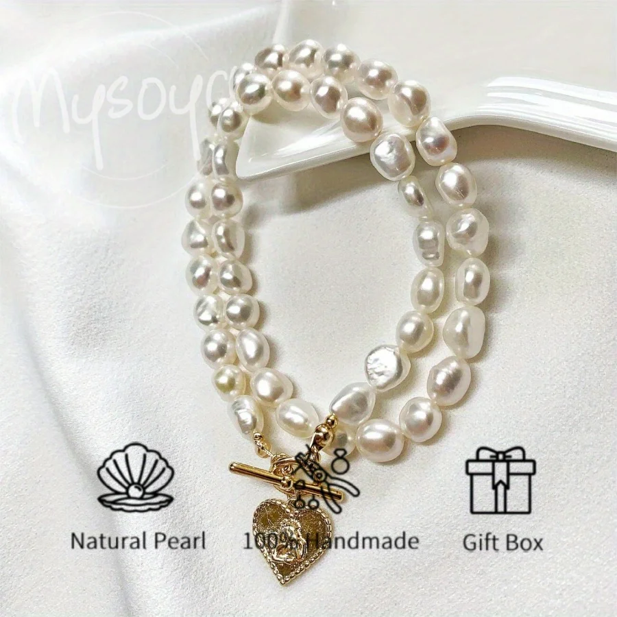

MYSOYA 7-8mm Baroque Freshwater Pearl Necklace With Heart Pendant With Gift Box Unisex Jewelry For Wedding Birthday Christmas