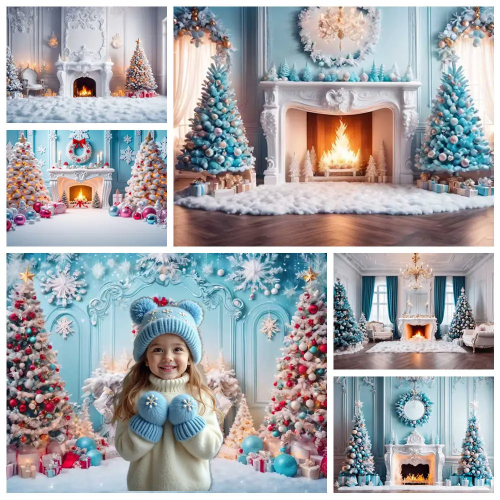 

MOON.QG Blue New Year's Eve Decorations Fireplace Photography Backdrops Snowflake Xmas Trees Photo Background Wall Decoration