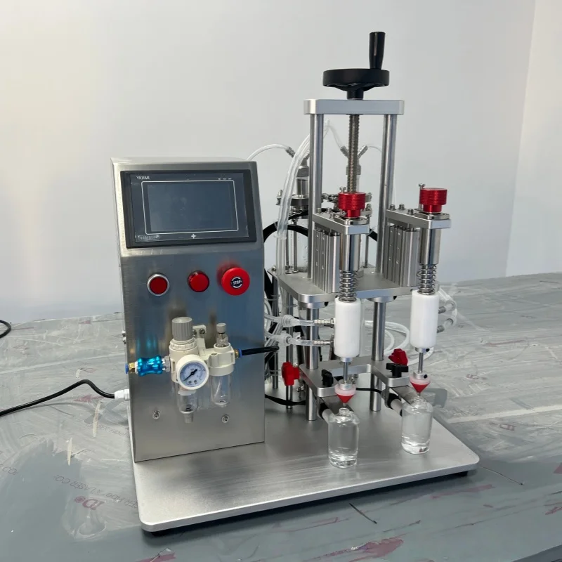 2-Head pneumatic liquid vacuum perfume filling machine, desktop pure water chemical application