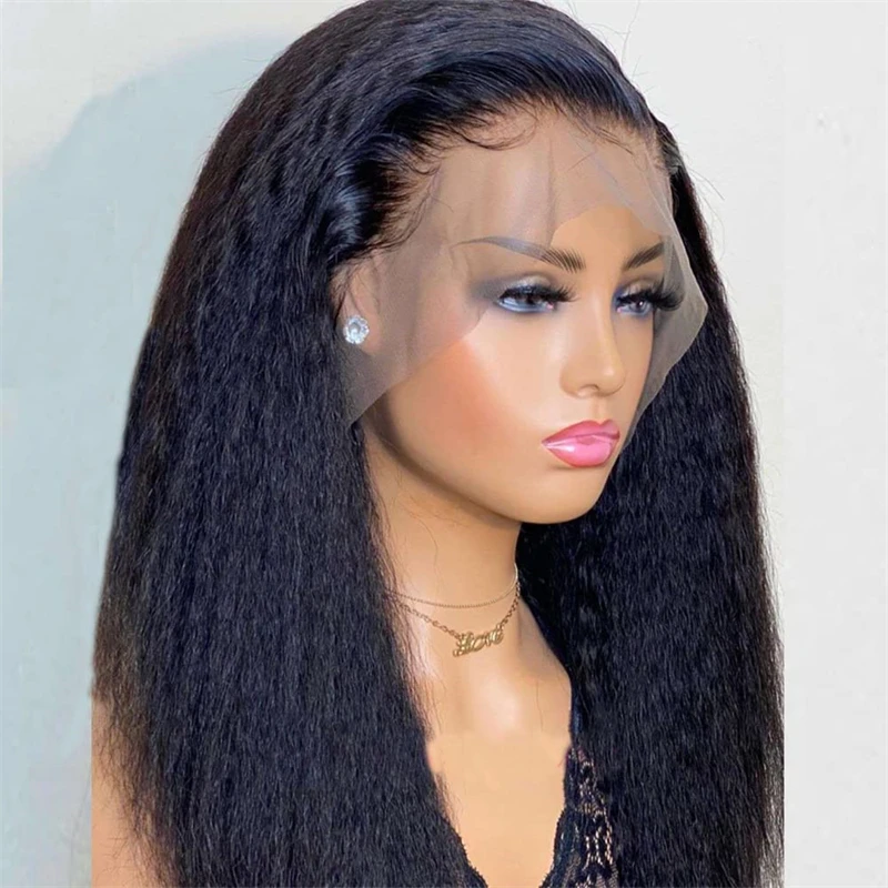 Perruque Lace Front Wig Yaki Synthétique Sans Colle, Cheveux Crépus Lisses, Pré-épilés et Longs, Doux et Noirs, 26 Pouces, avec Baby Hair, pour Femme, 03/3