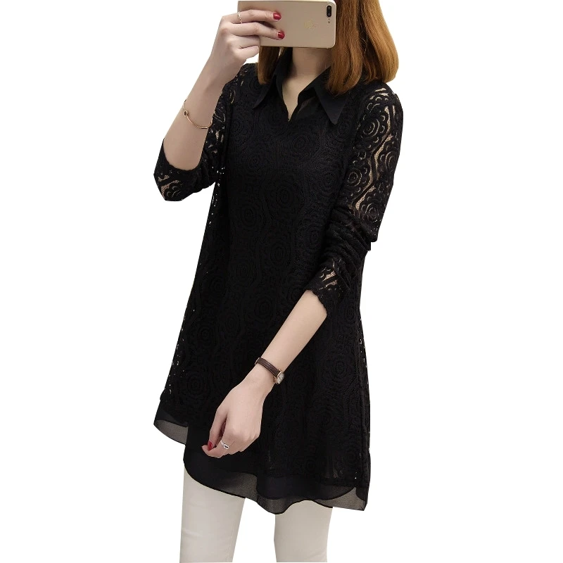 Elegant Fashion New Polo-Neck Chiffon Shirt Long Knitted Hollow Out Lace Sweaters Cardigan Solid Two Piece Set Women\'s Clothing