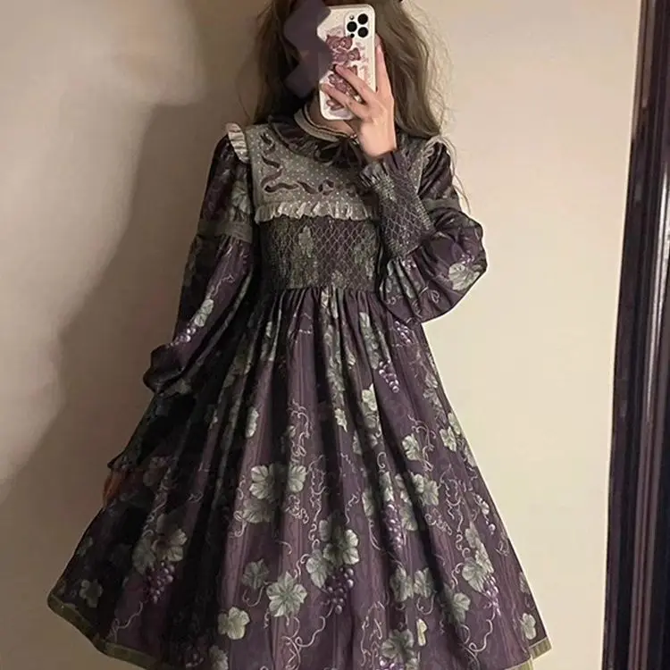 Coalfell Vineyard European Vintage Printed Standing Collar OP Long Sleeve Dress Women Lolita Original Lolita Dress