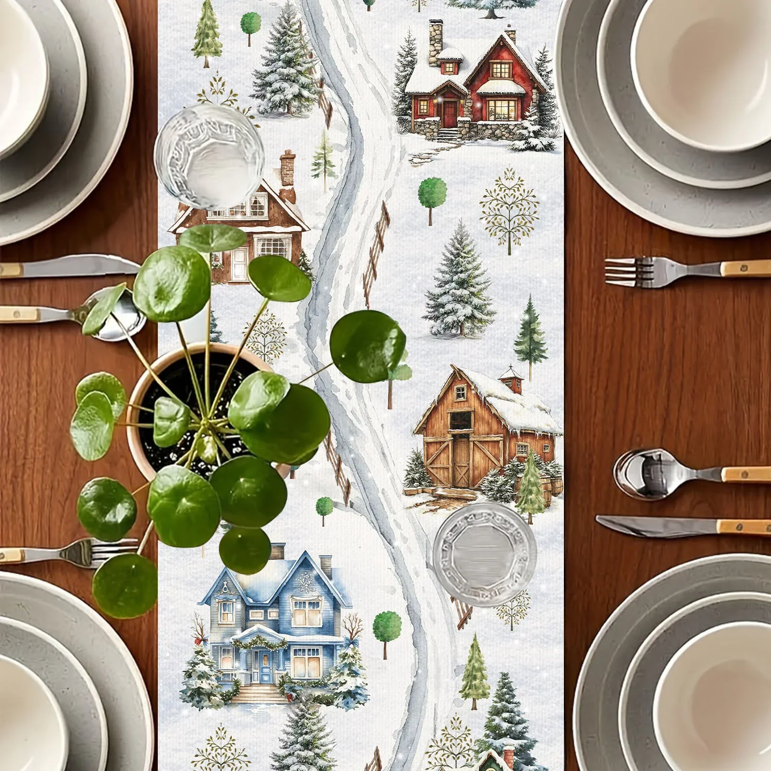 Winter Snow Village Table Runner Christmas Cabin Pine Tree Print for Dining Table Xmas Winter Holiday Home Party Table Decor