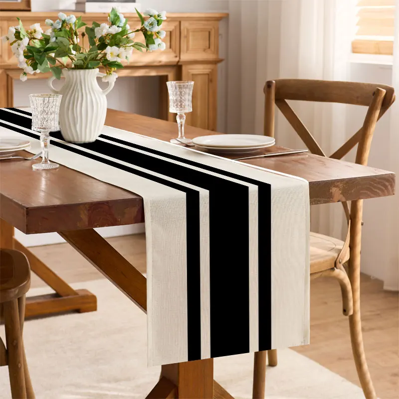 Bauernhaus-Tischläufer mit schwarzen und weißen Streifen, moderner dekorativer Tischläufer-Abdeckung für Esszimmer, Couchtisch, Urlaub, Party, Hochzeit