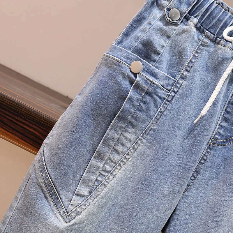 Women Fashion High Waist Baggy Jeans Pants Korean Streetwear Calf-Length Denim Capris Pants Summer Breeches 4XL
