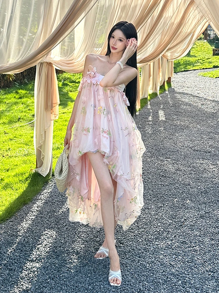 ReddaChic Princess Flower Applique Women Party Dress Fairy Spaghetti Straps Tulle Trailing Bubble Party Gown Homecoming Costume