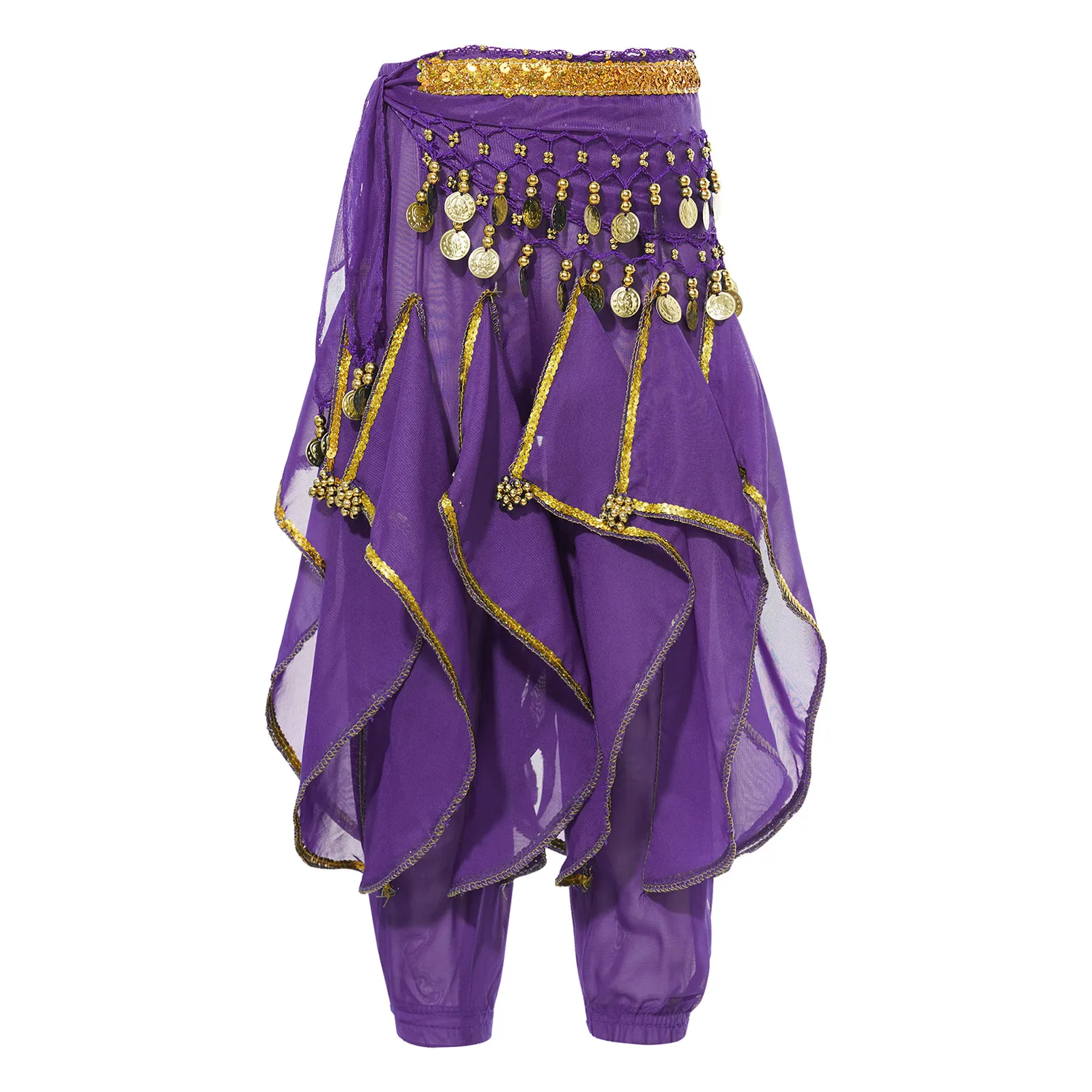 

Kids Girls Belly Dance Harem Pants Tribal Arabic Trousers Gold Trim Bloomer with Hip Scarf Dancewear Party Carnival Dresses