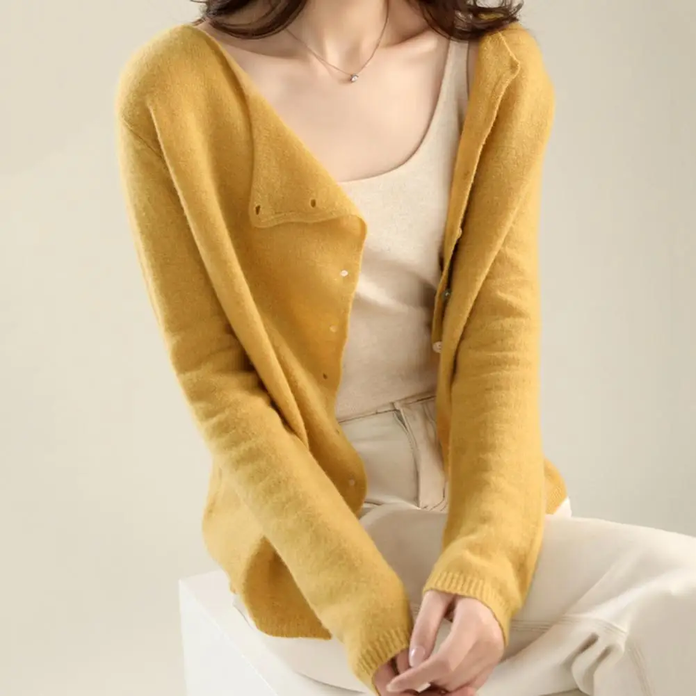 Knitting Cardigan Women Long Sleeve Round Neck Casual Knit Blouse Solid Color Single-Breasted Fitted Stretchy Tee Knit Sweater