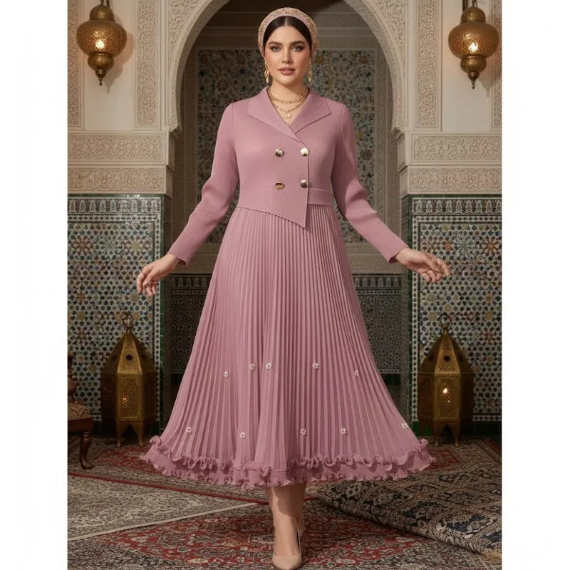 Miyake Fashion Dress 2026 New Pleated Fashion Lace Long-sleeved Suit Collar Commuter Waisted Large Size Elastic Long Dresses