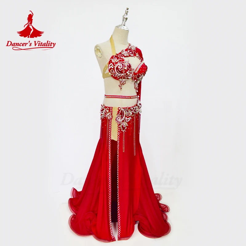 Bordado Diamante Split Belly Dance Suit Saia de rabo de peixe dividida, conjunto de performance high-end personalizado, roupas de competição para adultos e crianças