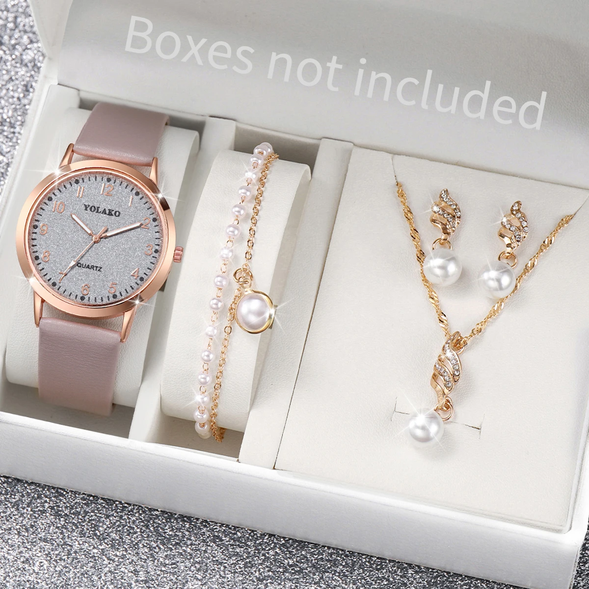 

5PCS/Set Fashion Women Watches Casual Arabic Dial Leather Band Quartz Watch Pearls Jewelry Set（Without Box）