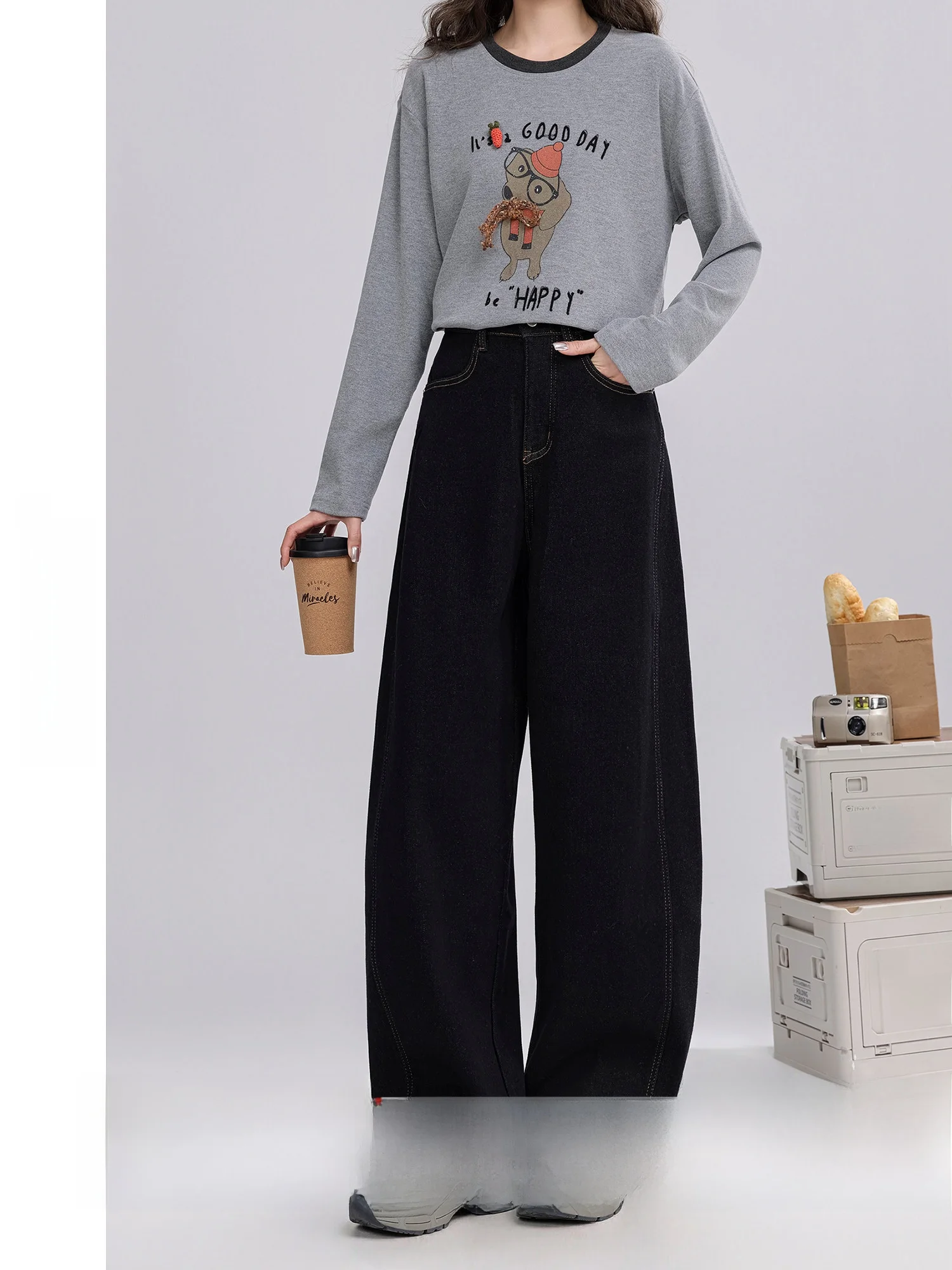

Warm Fleece High Waist Wide Leg Women's Jeans Retro Style Winter New Arrival Breathable Comfortable Cotton Denim Pants