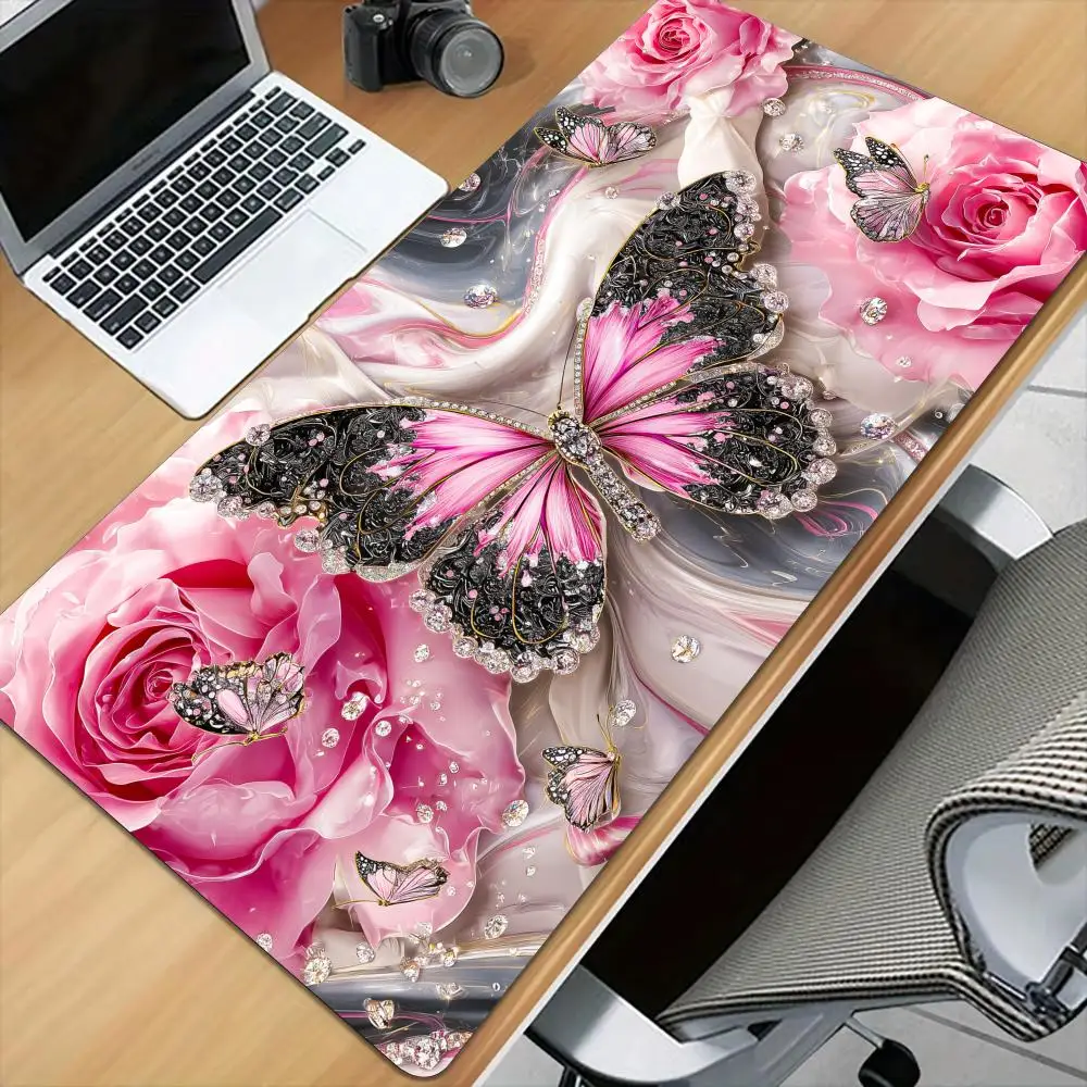 Gorgeous butterflies and roses Mouse Pad Desk Mat Stitched Edge XXL Mousepads Rubber Anti-slip Gamer Keyboard Rug Gaming Mats