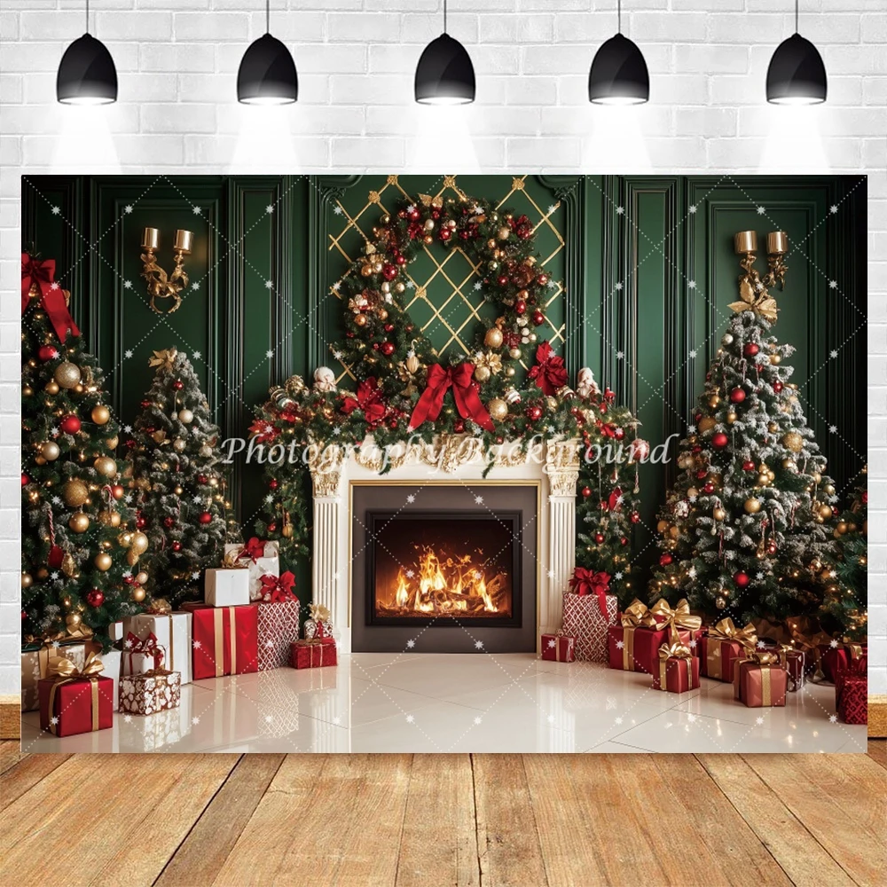 Green Wall Christmas Tree Backdrop Wreath Gifts Fireplace Family Christmas Eve Party Baby Kids Portrait Photography Background