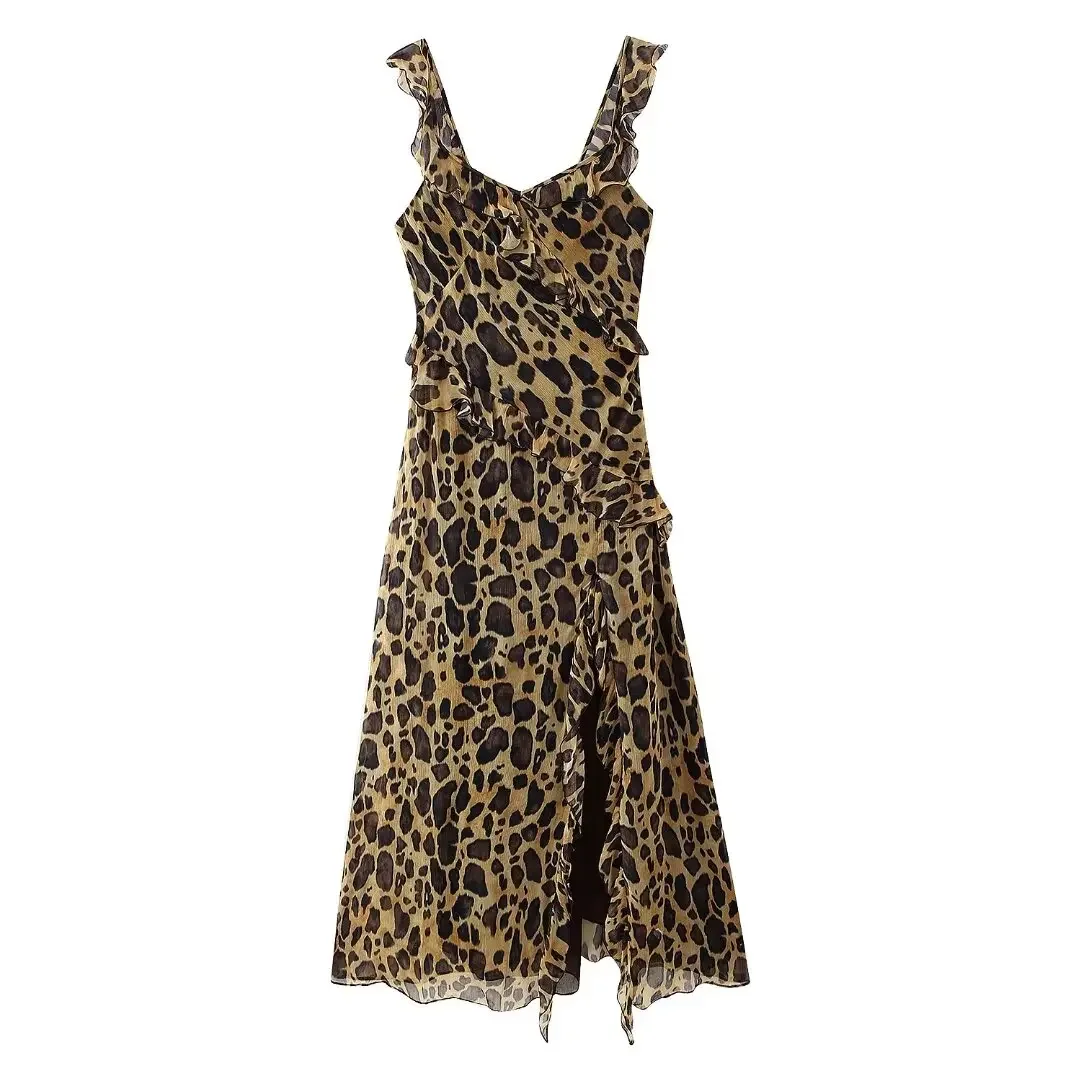 

Women2024New Chic Fashion Backless Soft Touch Frilled leopard print Midi Dress Vintage Cross Thin Straps Female Dresses robe