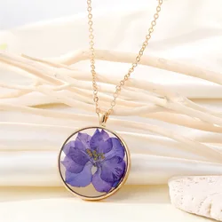 Fashion Circular Resin Dried Flower Necklace Simple Fashionable Colorful Dry Flower Pendant Collarbone Chain Necklace Jewelry