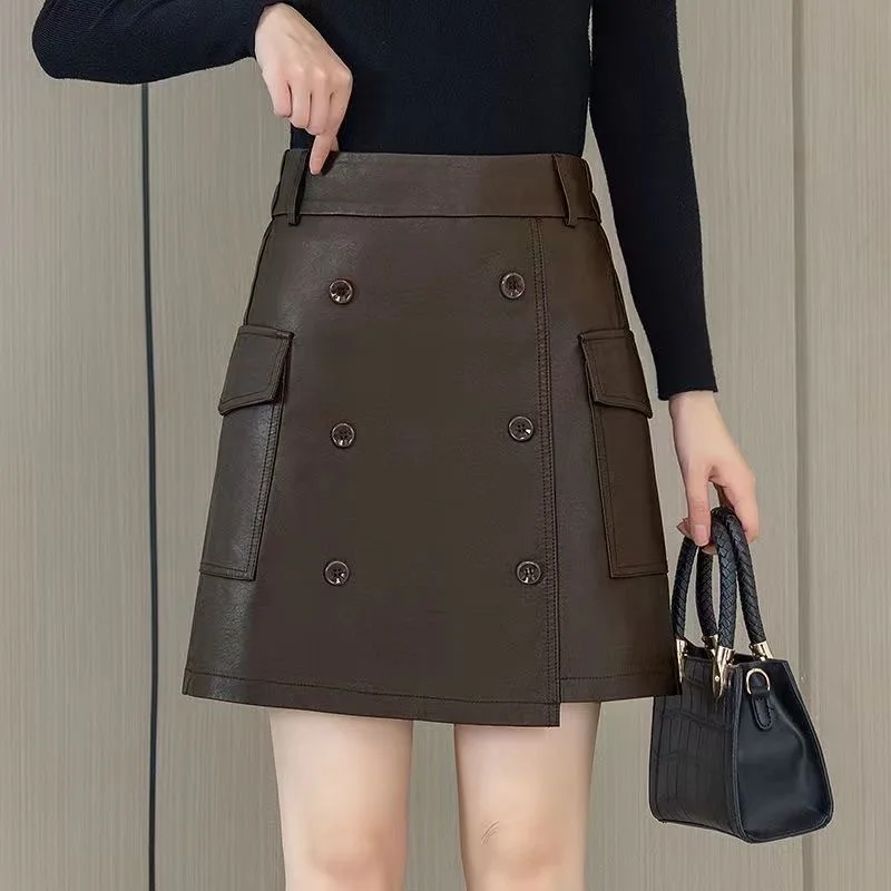 

2024 Autumn/Winter New Leather Skirt Half Body Skirt for Women with High Waist and Skinny Look, A-line Hip Wrapping Skirt