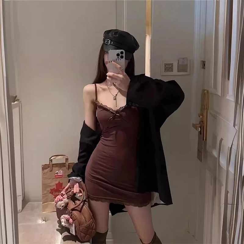 Hot Girl Lace Suspender Dress for Women Spring and Summer with Breast Pads Sexy Slim Elegant Low Collar Bottoming Hip Skirt