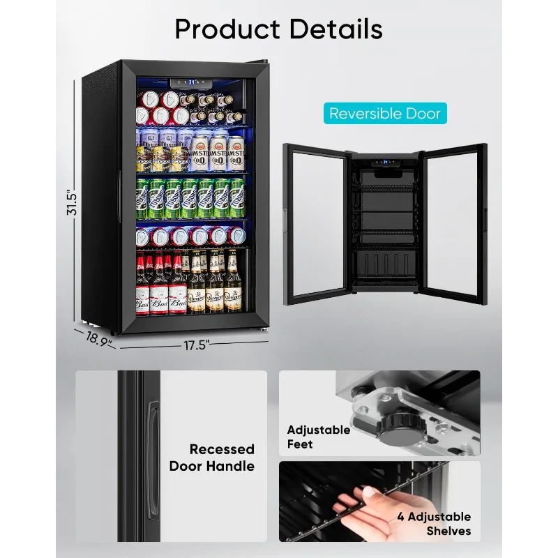 ثلاجة صغيرة 3.2 قدم مكعب مع باب زجاجي - 126 مبرد ثلاجة مشروبات لشرب صودا النبيذ والبيرة، 4 أرفف قابلة للتعديل، أسود