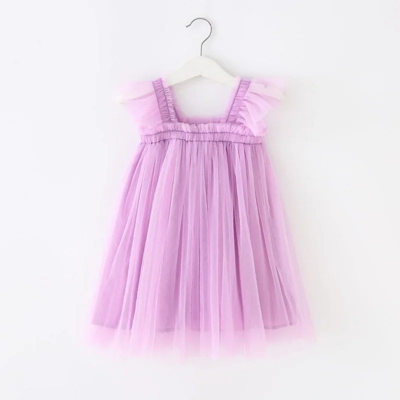 Sommerkleid für Babys, ärmellos, quadratischer Kragen, gelb, lila, rosa, blau, grün, Netzstoff, Prinzessinnenkleid, Kinderkleidung E2200 – Detail 4