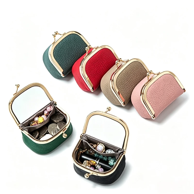 Genuine Leather Kiss Lock Coin Pouch Built‑in Makeup Mirror Mini Jewelry Lipstick Coin Rings Earrings Portable Storage Box