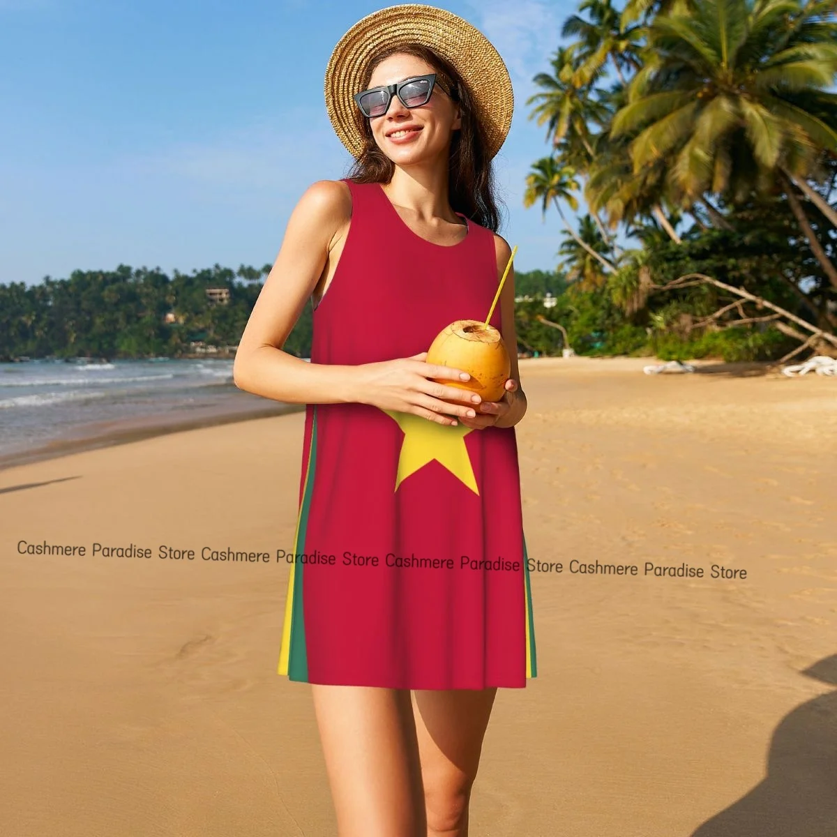 Abito da donna casual al ginocchio da donna Camerun Flag O Neck senza maniche sopra il vestito