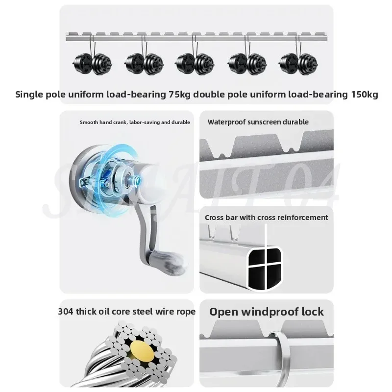Hand-operated Lifting Clothes Rack Balcony Top-mounted Clothes Rod Fixed Manual Windproof Aluminum Alloy Single