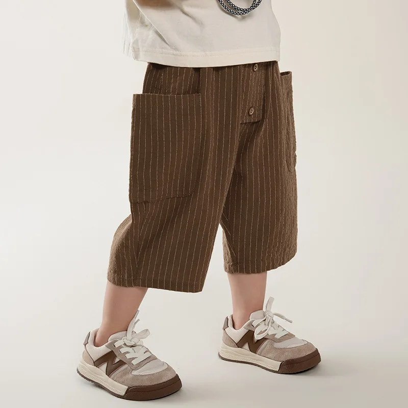 New Summer Vertical Stripes Shorts for Boys Big Pockets Thin Style Calf-length Pants Children's Outwear Short Pants Summer Wear