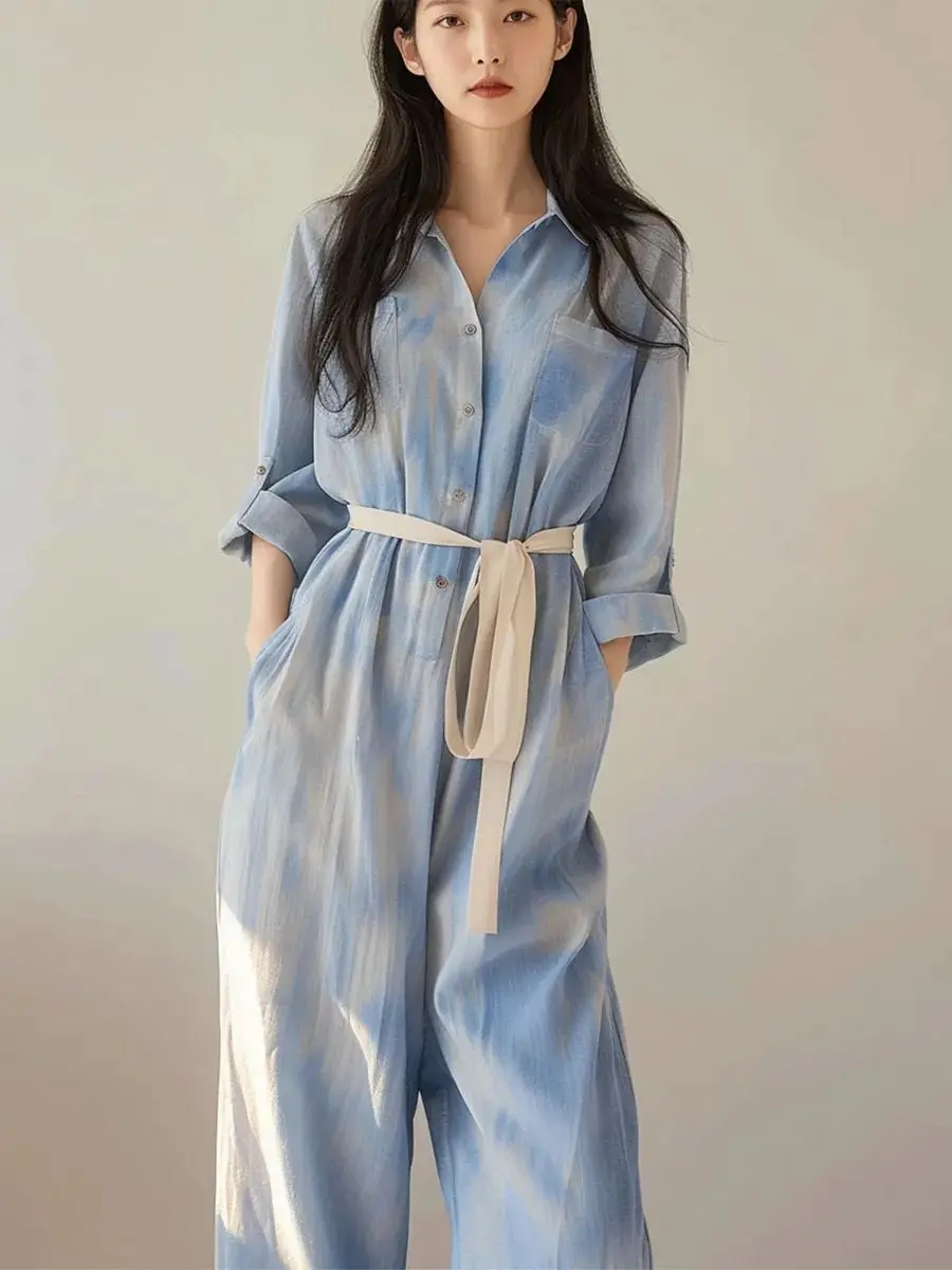 Simple Commute Summer Jumpsuits 2025 New Loose Thin Contrasting Color Versatile Lace Up Curled Sleeve Shirt Jumpsuit 2XL